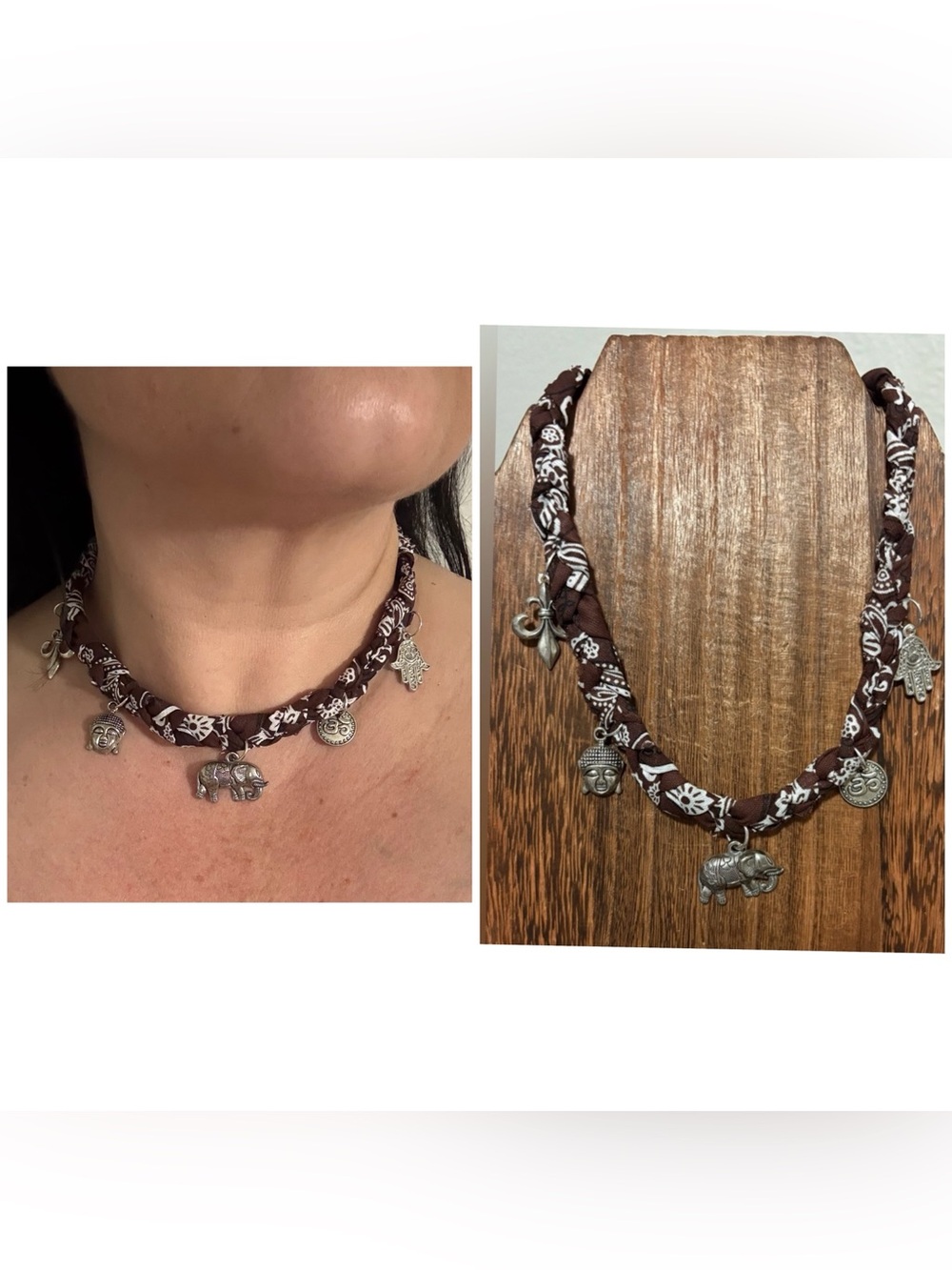Charmed-Handmade braided Brown bandana silver Budah Charm Necklace